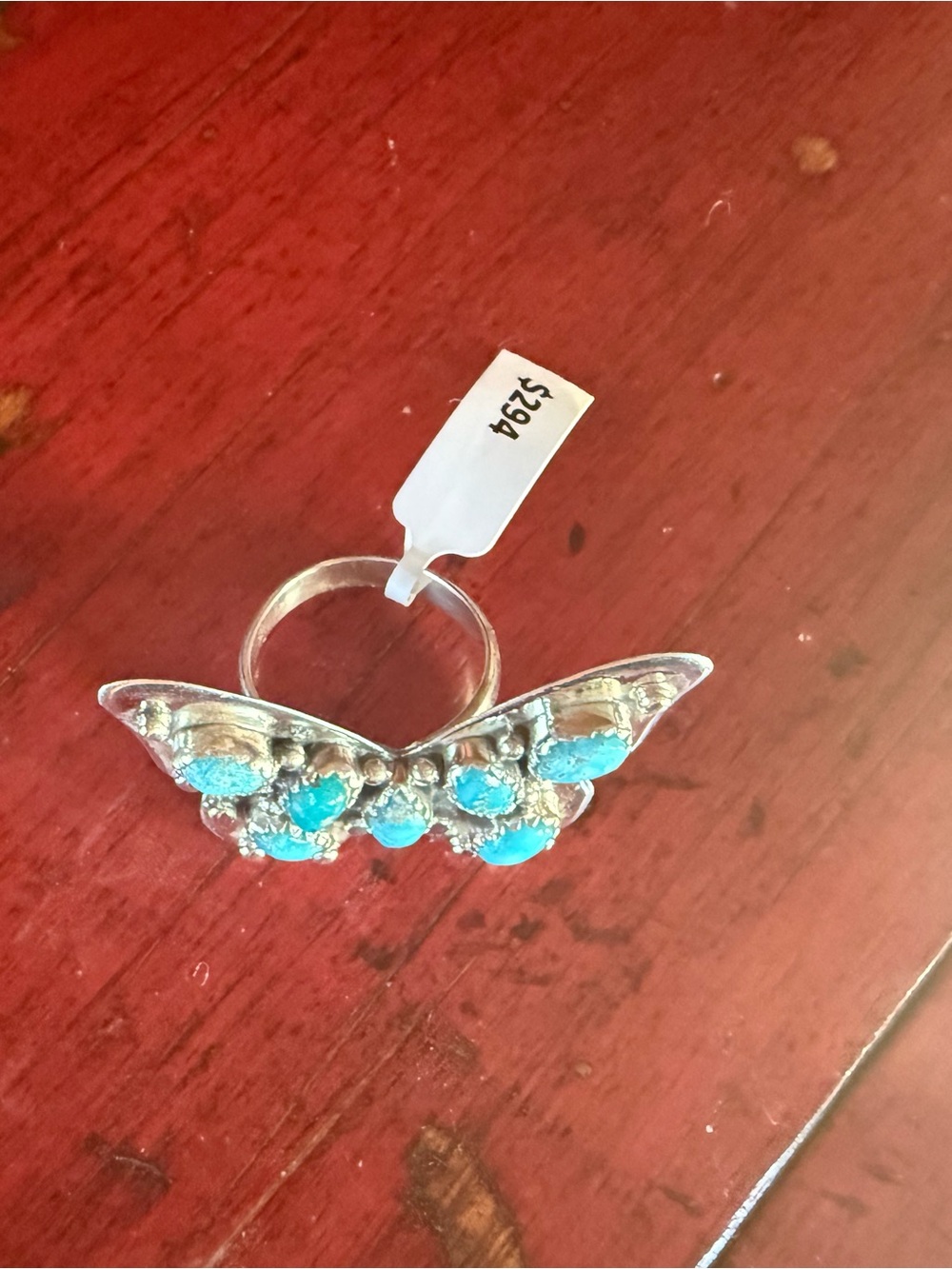 Sterling Silver White Water Turquoise Butterfly Statement Ring Adjustable to 9. - Picture 5 of 5